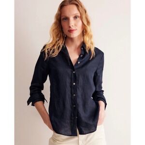 Boden Sienna Womens Size 2 Linen Button Down Shirt Navy Classic Fit Long Sleeve